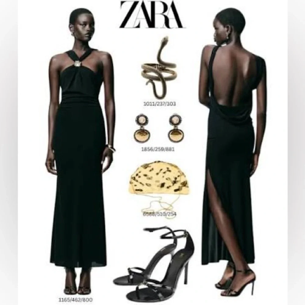 Zara Black Fitted Wrap Midi Dress Gold Neck Detail Criss-cross Back Slit NWT S